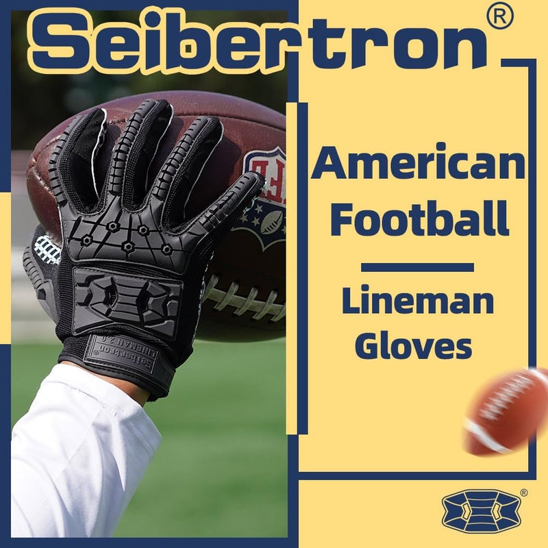 Seibertron Lineman 2.0 Padded Palm Football Receiver Gloves, Flexible TPR Impact Protection Back of Hand Glove Adult Sizes Black M - Image 2